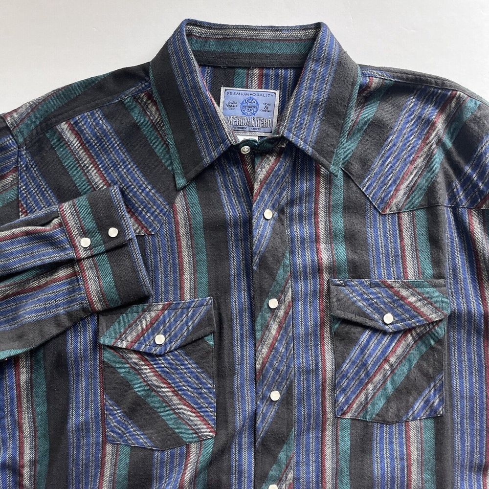 American Hero Black Blue Green Striped Pearl Snap Flannel Western Shirt‎ Mens XL